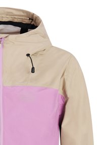 Beige og lyserød hættetrøje med sort justerbar snor i hætten og diskret logo på brystet.