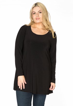 Zwarte lange mouw tuniek van zachte stof, met een ronde hals en een ontspannen pasvorm die over de heupen valt.