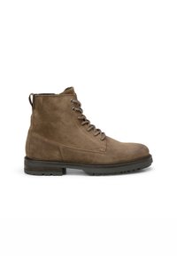 Brown suede ankle boots with lace-up closure, rubber sole, and pull tab at the heel. Features a textured finish with decorative stitching.