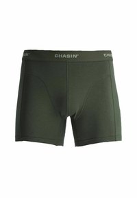 Sötétzöld boxeralsó sima anyagból, puha elasztikus derékkal, amelyen a "CHASIN'" felirat szürkével látható. Egyszerű dizájn, minták nélkül.