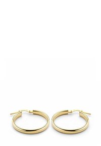 Złote metalowe kolczyki w kształcie kół, okrągłe, o polerowanej powierzchni, z zapięciem na zawias, gładkiej strukturze i jednolitej grubości.