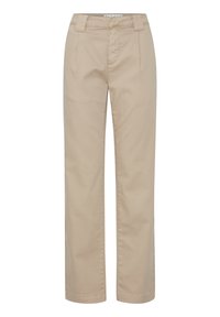 Beige broek met een recht model, uitgerust met een middelhoge taille, voorzakken en een gladde textuur. Gemaakt van katoen of vergelijkbare stof.