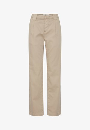 Beigu bikses ar taisnu piegriezumu, ar vidēju jostasvietu, priekšējiem kabatām un gludu tekstūru. Izgatavotas no kokvilnas vai līdzīga auduma.