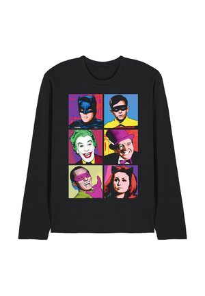 Black long-sleeve shirt with colorful pop-art style portraits of six classic Batman characters in a 2 by 3 grid.