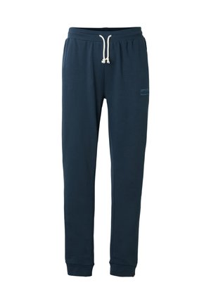 Marineblauwe joggingbroek met elastische tailleband, witte trekkoord, taps toelopende pijpen en geribbelde boorden, geschikt voor casual gebruik.