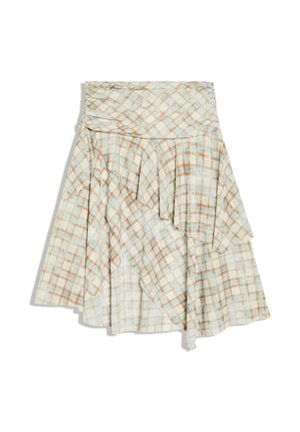 Jupe asymétrique à carreaux bleu clair et beige avec volants superposés et taille haute.