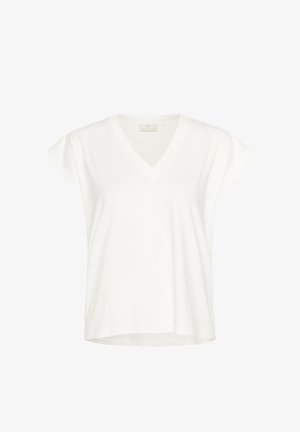 White V-neck T-shirt with short cap sleeves and a relaxed fit. Made from soft fabric, featuring a smooth texture and minimal design.