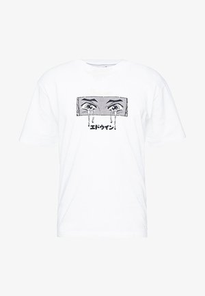 Weißes T-Shirt mit einem Grafikdesign von Augen, die große Tränen im Manga-Stil weinen, begleitet von japanischem Text unter den Augen.