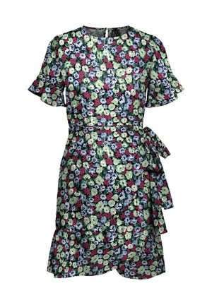 Florales Kleid mit dunklem Hintergrund und bunten Blumen, kurzen, gerafften Ärmeln, tailliertem Bund und einem mehrlagigen Saumdetail.