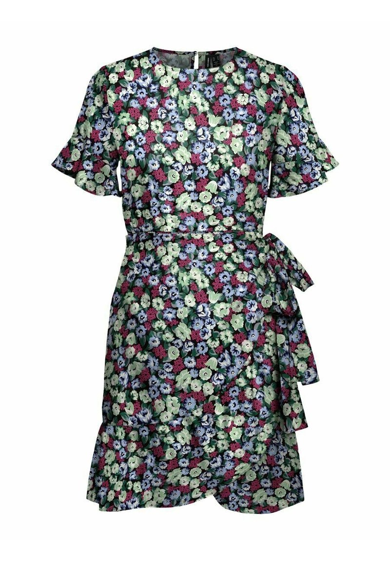 Blommig klänning med mörk bakgrund och flerfärgade blommor, korta volangärmar, bälte vid midjan och lagerdetalj nederst.