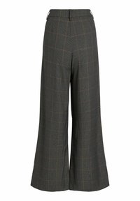 Široke hlače od tamnosive tkanine s suptilnim kariranim uzorkom u narančastoj i bež boji. Imaju visok struk i glatku teksturu.