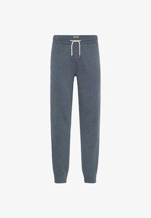 Sötét szürke melegítőnadrág, puha anyagból készült, slim fit fazonnal, rugalmas derékkal szalagon, és rugalmas mandzsettákkal a bokánál.