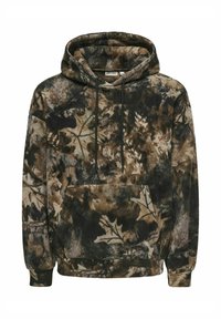 Hoodie en polaire dans un motif camouflage marron et noir. Doté d'une poche kangourou à l'avant, d'une capuche réglable et de poignets côtelés. Texture douce.