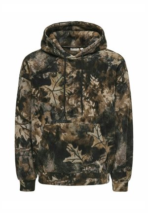 Fleece hoodie in bruin en zwart camouflagepatroon. Voorzien van een voorste kangaroozak, verstelbare capuchon en ribgebreide manchetten. Zachte textuur.