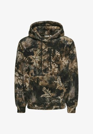 Fleece hoodie in bruin en zwart camouflagepatroon. Voorzien van een voorste kangaroozak, verstelbare capuchon en ribgebreide manchetten. Zachte textuur.
