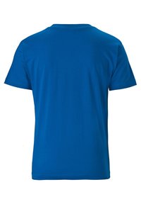 Short blue t-shirt, round neckline, short sleeves, cotton material, smooth texture, solid color, no visible logos or patterns.