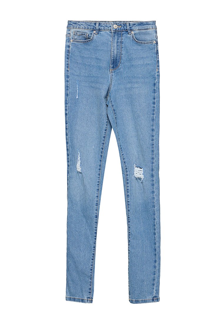 Jeans de mezclilla azul claro con cintura alta, corte ajustado y detalles desgastados en la parte frontal. Diseño clásico de cinco bolsillos y dobladillo deshilachado.