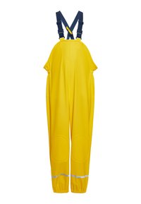 Geltoni vandeniui atsparūs kombinezonai, pagaminti iš tvirto medžiagos, su reguliuojamais mėlynais diržais, elastingais rankogaliais ir atspindinčiais akcentais matomumui.