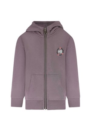 Zip-up hoodie van zacht paarse stof, met een capuchon, twee voorkruiken, ribgebreide manchetten en zoom, en een ronde grafische print op de borst.