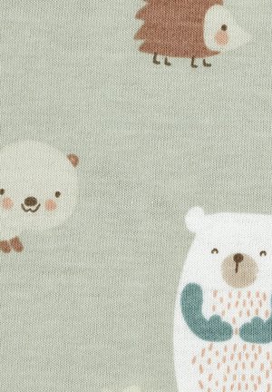 Cotton fabric featuring a muted green background with cartoon-style hedgehog, bear, and tree designs in soft browns and whites.