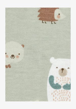Cotton fabric featuring a muted green background with cartoon-style hedgehog, bear, and tree designs in soft browns and whites.