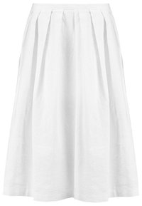 Vit midikjol med hög midja och frontveck, gjord av lättviktig tyg.