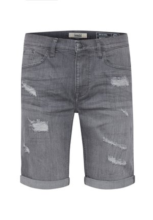 Short en jean gris avec revers, poches avant, fermeture à bouton et zones usées.