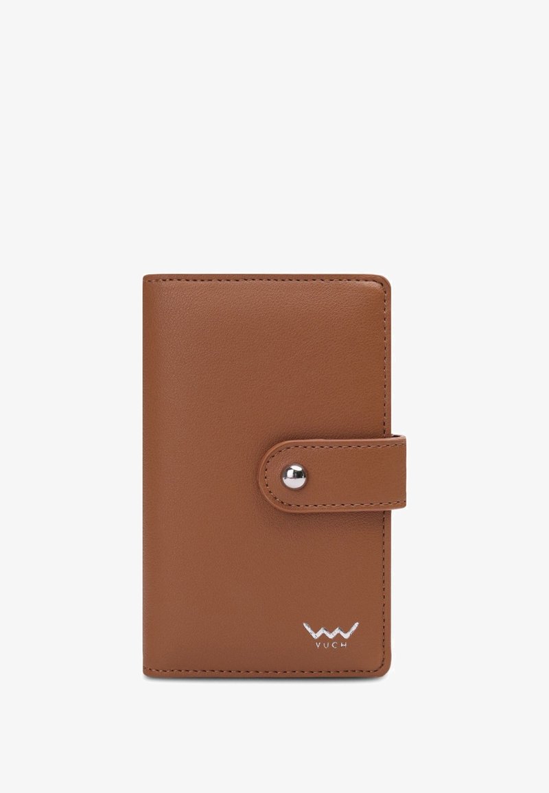 Brown leather wallet with snap button closure and silver Vuch logo in the lower right corner, shown closed on a white background.