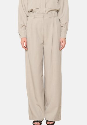 Beige wide-leg trousers with a pleated front, belt loops, and side pockets. Made from a smooth fabric with a slightly tailored fit.