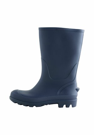 Enkele donkerblauwe rubberen regenlaars met gestructureerde zool en eenvoudig ontwerp, gezien van opzij tegen een witte achtergrond.