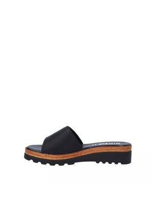 Sandalo nero con cinturino superiore largo, soletta intermedia in sughero e suola in gomma nera resistente con tacco a zeppa basso.