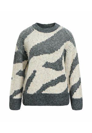 Sweter dzianinowy z geometrycznym wzorem w odcieniach szarości i kremu, o prążkowanej fakturze, okrągłym dekolcie oraz luźnym kroju.
