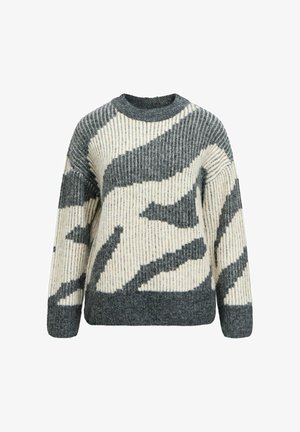 Gebreide trui met een geometrisch patroon in grijs en crème, geribbelde textuur, ronde halslijn en een losse pasvorm.