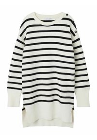 Gestreifter Pullover mit schwarz-weißen horizontalen Streifen, geripptem Material, Rundhalsausschnitt und dekorativen Knöpfen an der Schulter.