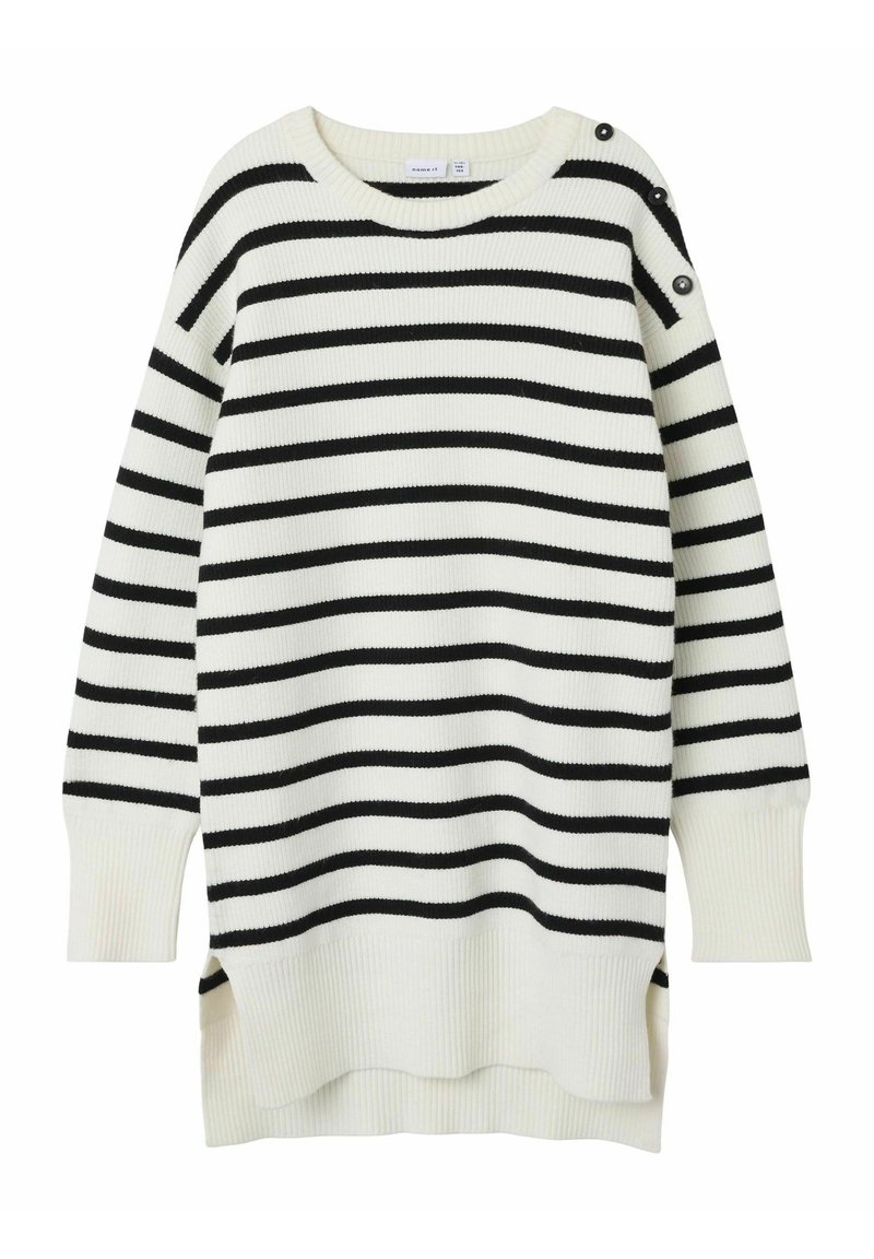 Gestreifter Pullover mit schwarz-weißen horizontalen Streifen, geripptem Material, Rundhalsausschnitt und dekorativen Knöpfen an der Schulter.