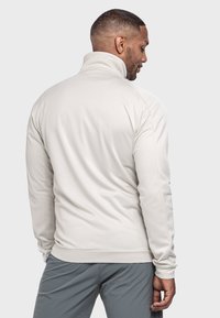 Hellgrauer Fleece-Pullover mit hohem Kragen, langen Ärmeln und geripptem Saum. Glatte, weiche Textur mit minimalen Nähten und ohne Grafiken.
