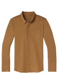 Camicia marrone a maniche lunghe con bottoni realizzata in tessuto testurizzato, dotata di colletto, taschino frontale e una fila di bottoni al centro.