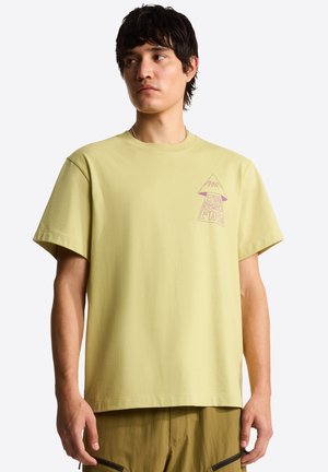 Man wearing light green short-sleeve T-shirt with mountain graphic and "The North Face" text on upper left chest.