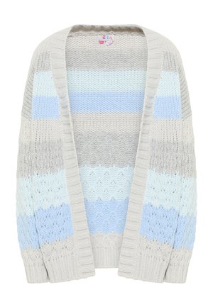 Neulecardigan, jossa on vaakasuuntaisia raitoja vaaleansinisessä, harmaassa ja kermanvärisessä. Avoin etuosa, jossa on teksturoitu kuvio ja ribbireunat.