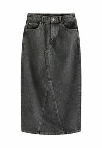 Black denim skirt with a straight shape, featuring front pockets, a button closure, and a unique angled seam detail.