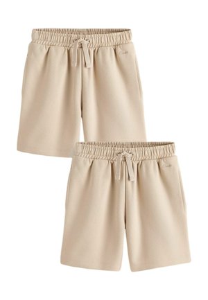 Beige Shorts mit elastischem Bund, Kordelzug, seitlichen Taschen und dezentem Markenlogo vorne, von vorne gezeigt.