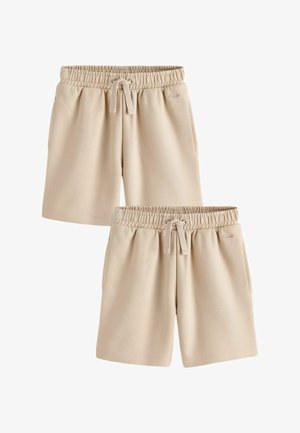 Beige Shorts mit elastischem Bund, Kordelzug, seitlichen Taschen und dezentem Markenlogo vorne, von vorne gezeigt.