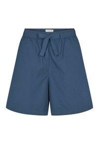 Siniset puuvillashortsit, joissa on joustava vyötärönauha ja kiristysnauha. Ominaisuuksiin kuuluu sileä kangaspinta ja rento istuvuus. Ei taskuja tai muita koristeita.