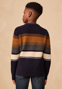 Pull en maille avec des rayures horizontales en moutarde, gris, blanc et marine. Col rond classique et poignets côtelés, associé à un jean en denim.