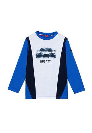 Blau-weißer Langarm-T-Shirt mit Bugatti-Grafik, mit blauem Rundhalsausschnitt, nahrungsmittelblauen Seitenpaneelen und einem weichen Baumwollmaterial.