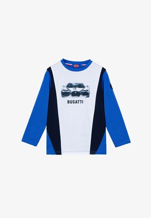 Maglietta a maniche lunghe blu e bianca con grafica Bugatti, dotata di un collo tondo blu, pannelli laterali blu scuro e un morbido materiale in cotone.