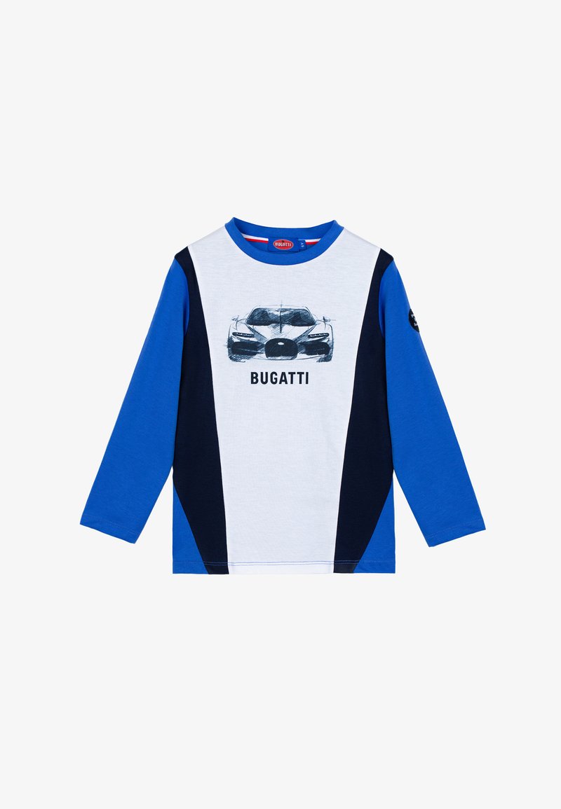 Maglietta a maniche lunghe blu e bianca con grafica Bugatti, dotata di un collo tondo blu, pannelli laterali blu scuro e un morbido materiale in cotone.