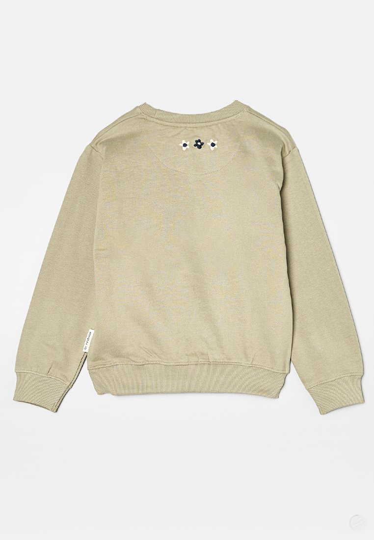 Helles olivgrünes Baumwoll-Sweatshirt mit rundem Ausschnitt, gerippten Bündchen und Saum sowie dekorativen, gestickten Blumen auf dem Rücken.