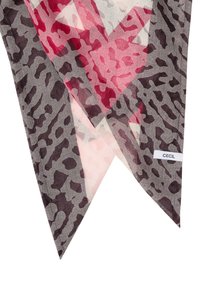 Sciarpa trasparente con un motivo animalier astratto grigio e rosa, dal texture morbido. Etichetta del marchio "CECIL" su un bordo.