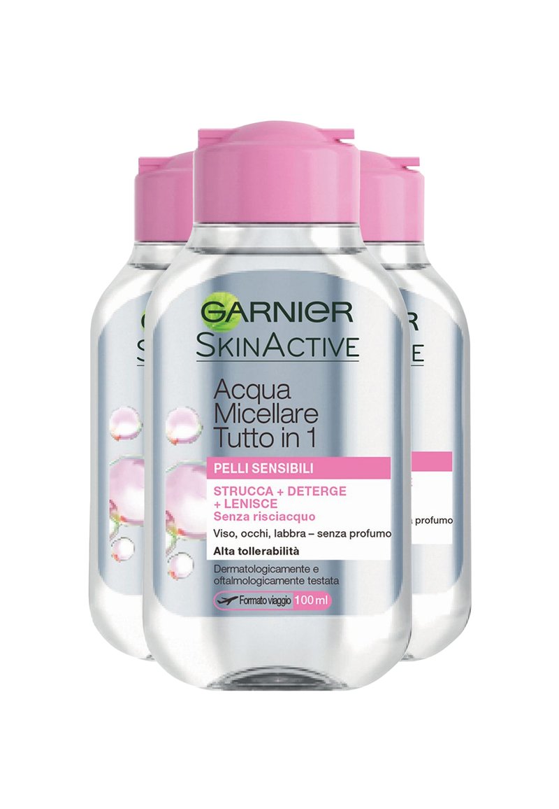 Garnier - ACQUA MICELLARE PER PELLI SENSIBILI. FORMATO VIAGGIO 100ML. STRUCCA, DETERGE E IDRATA IN UN SOLO GESTO. NON SERVE RISCIACQUARE - 3 PACK - Detergente, Ingrandire